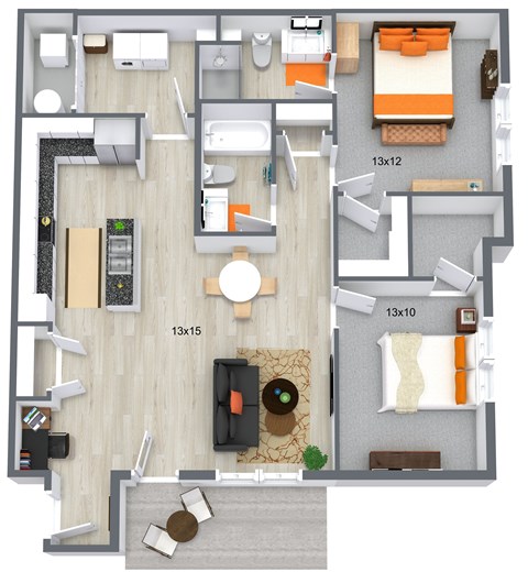 A floor plan of a house with a living room, kitchen, and two bedrooms.